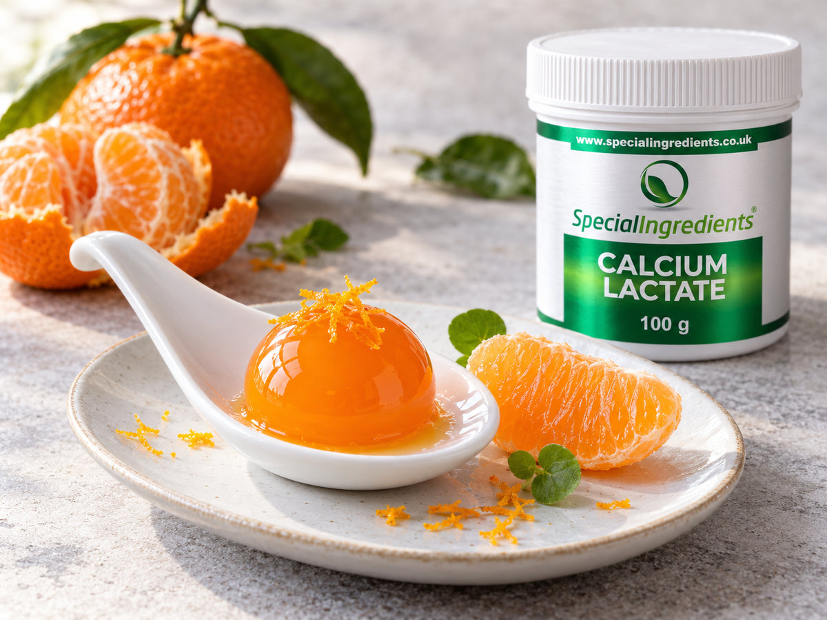 Sphérification inverse de mandarine avec alginate de sodium et lactate de calcium