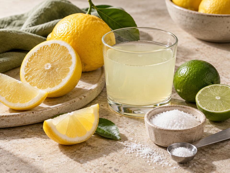 Limoni, lime e cordial agrumato accanto a cristalli di acido citrico