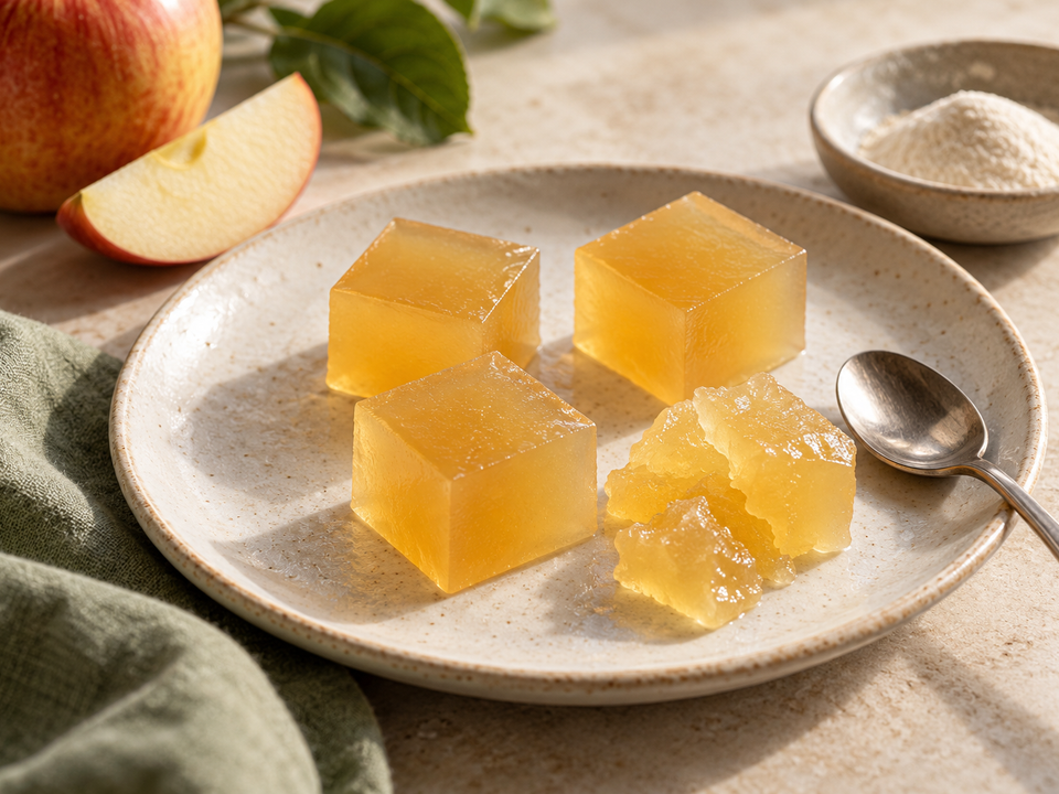 Cubi di gel di mela per verificare la consistenza dell’agar agar