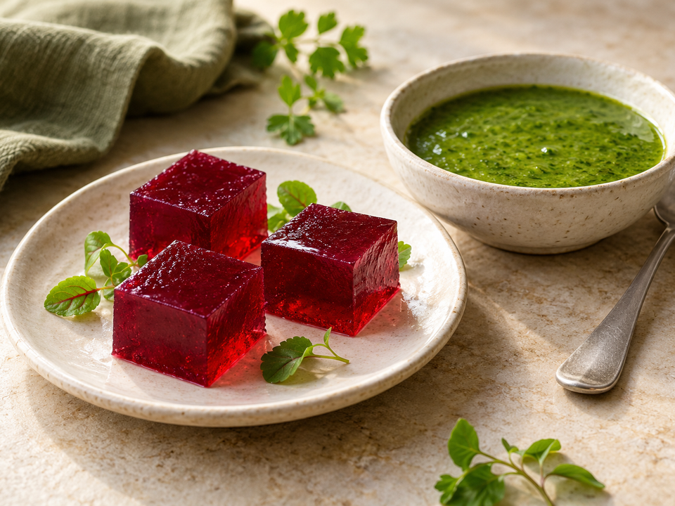 Cubi di gel di agar agar e salsa verde addensata con xantana