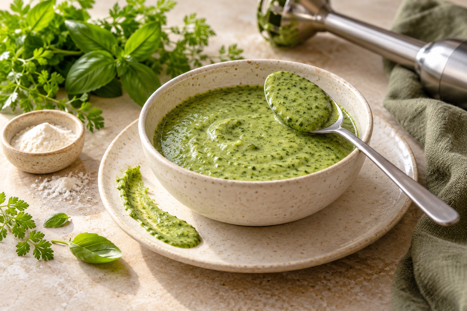 Salsa fredda alle erbe con cucchiaio e ingredienti per addensare