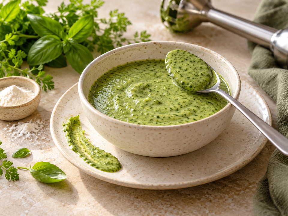 Salsa fredda alle erbe con cucchiaio e ingredienti per addensare