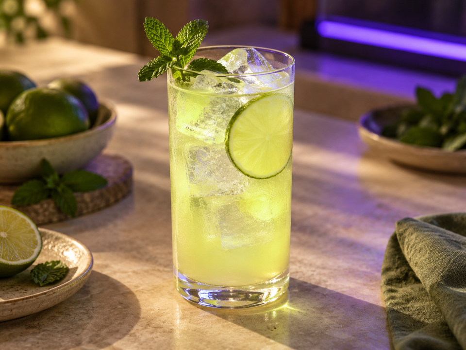 Cocktail agrumato fluorescente sotto una luce ultravioletta