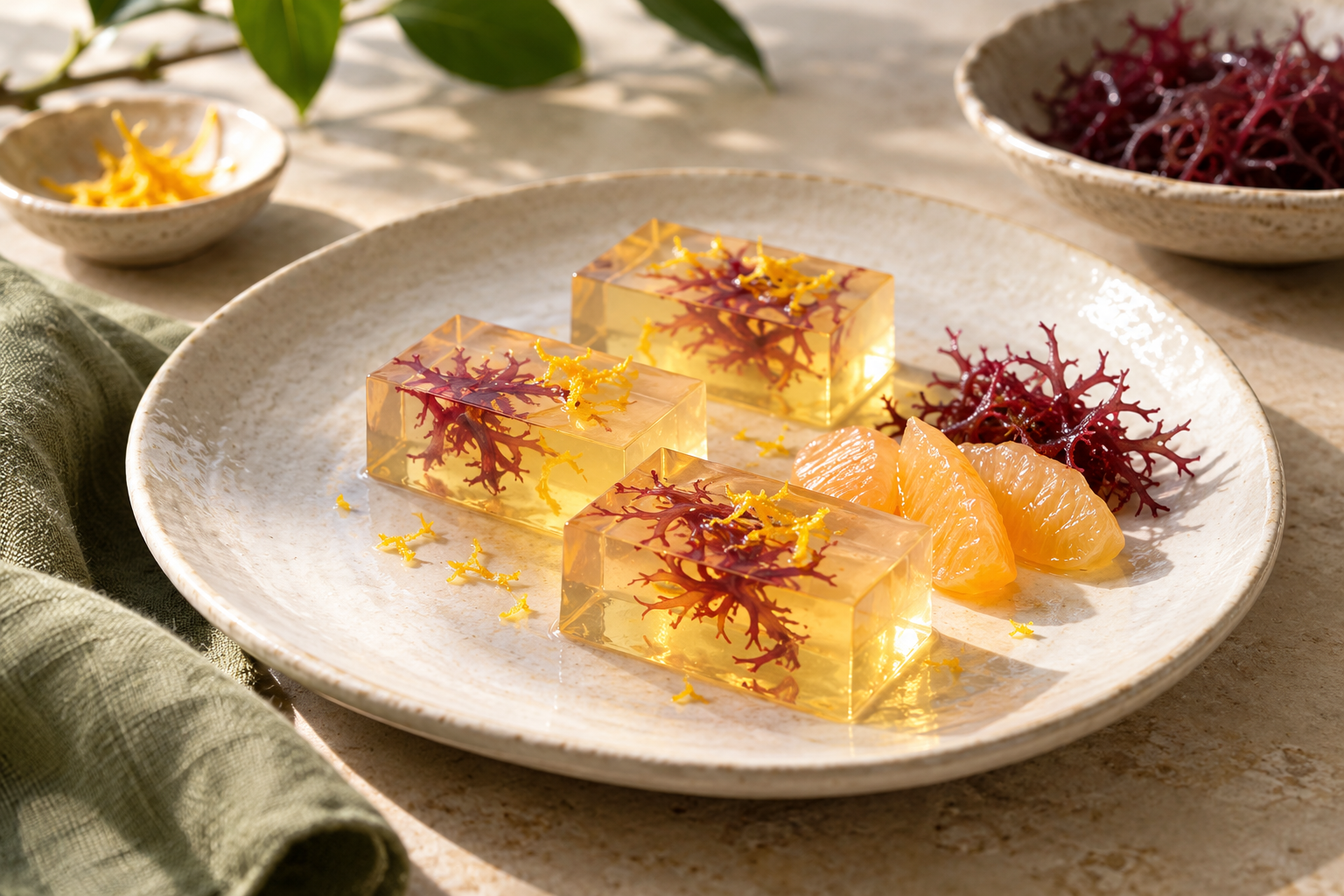 Gelée ambrée à l’agar-agar, agrumes et algues rouges