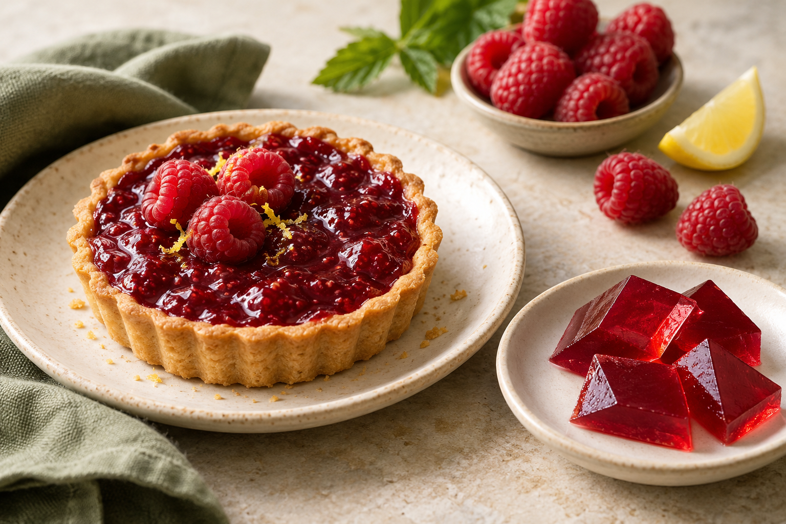 Crostata ai lamponi e gel tagliabile per confrontare pectina e agar agar