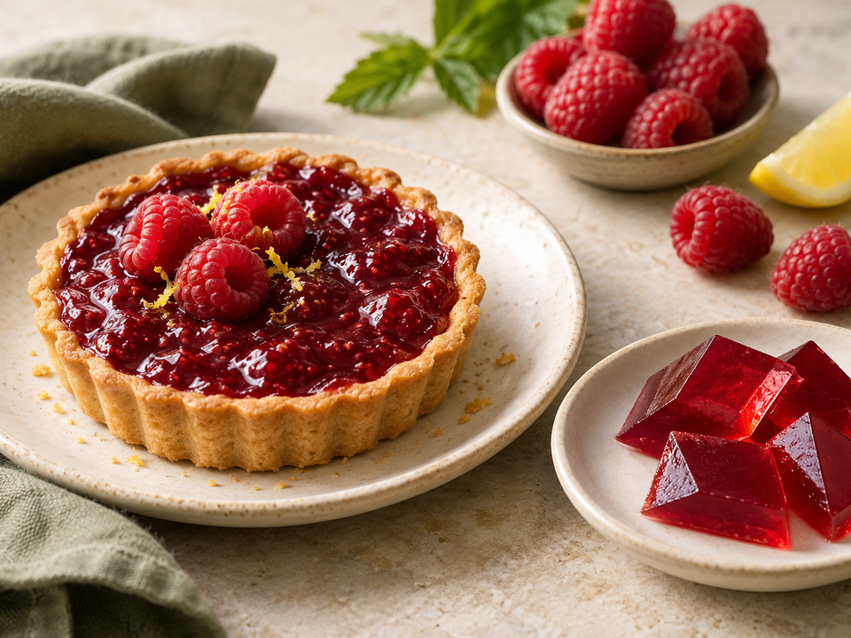 Crostata ai lamponi e gel tagliabile per confrontare pectina e agar agar