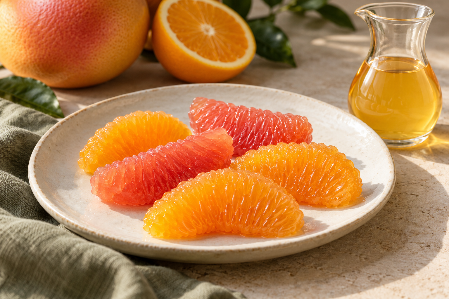 Spicchi di arancia e pompelmo senza membrana su un piatto avorio, accanto a una caraffa di succo dorato.