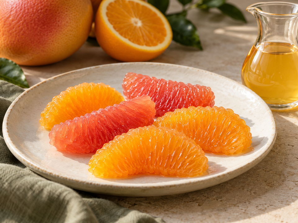 Spicchi di arancia e pompelmo senza membrana su un piatto avorio, accanto a una caraffa di succo dorato.