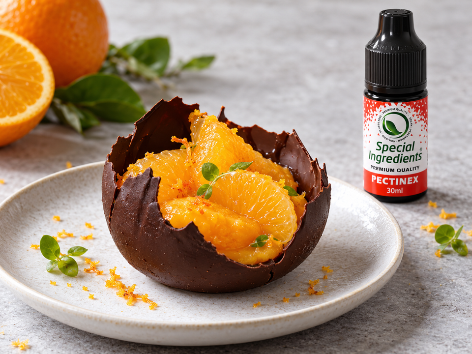 Gusci di cioccolato con purea e spicchi d’arancia pelati con enzimi — preparazione con confezione attuale Special Ingredients