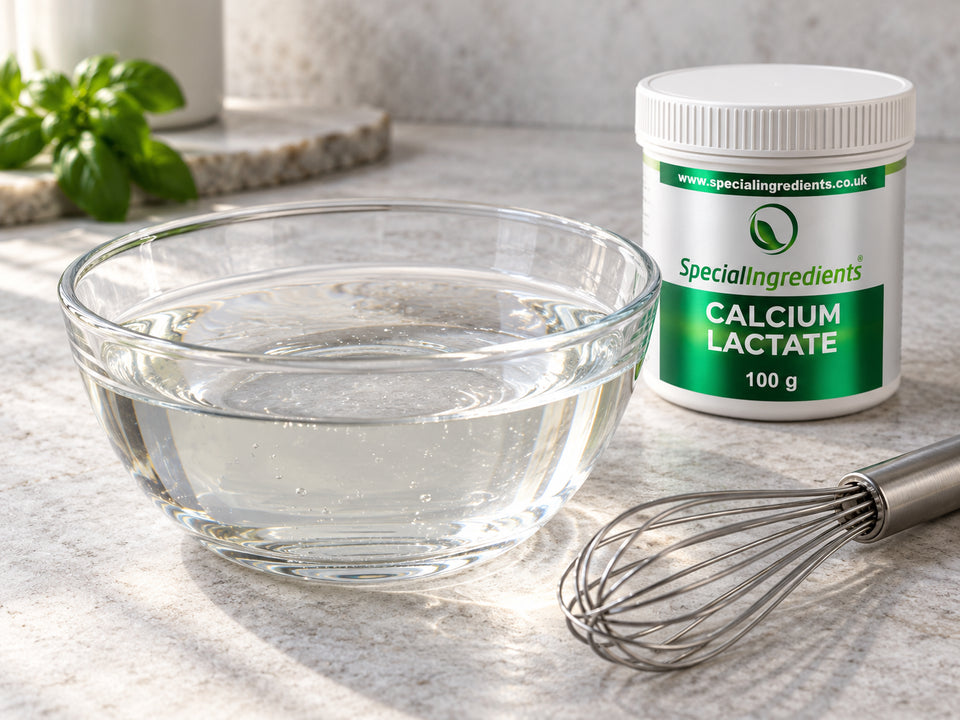 Bagno di lattato di calcio per sferificazione — preparazione con confezione attuale Special Ingredients