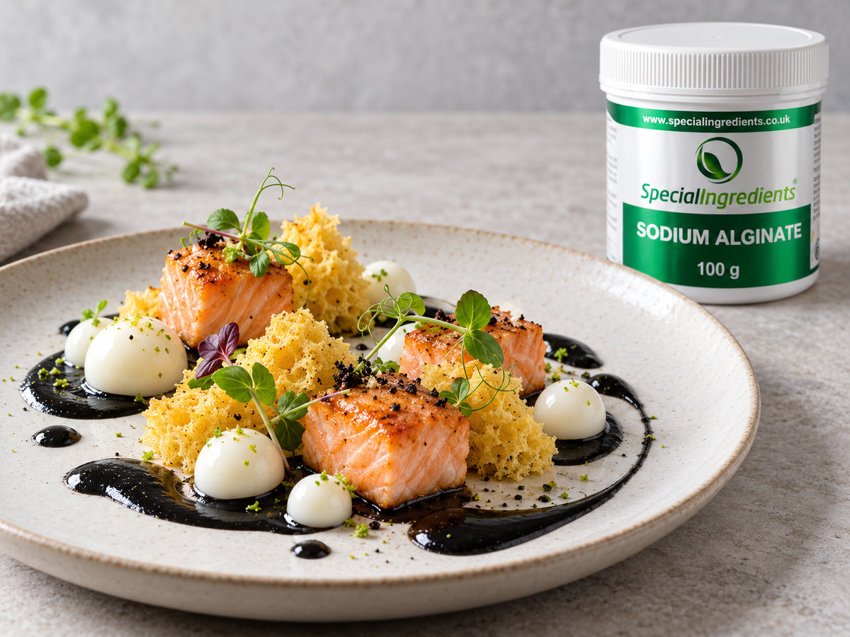 Delicia de salmón con bizcocho esponja, esferas de yogur y salsa de tinta de calamar