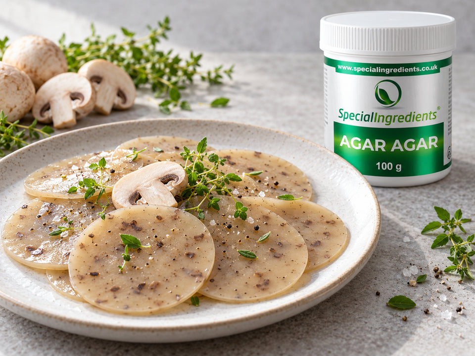 Dischi di funghi champignon con agar agar — preparazione con confezione attuale Special Ingredients