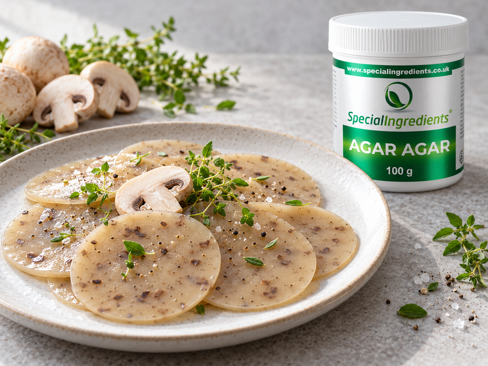 Dischi di funghi champignon con agar agar — preparazione con confezione attuale Special Ingredients