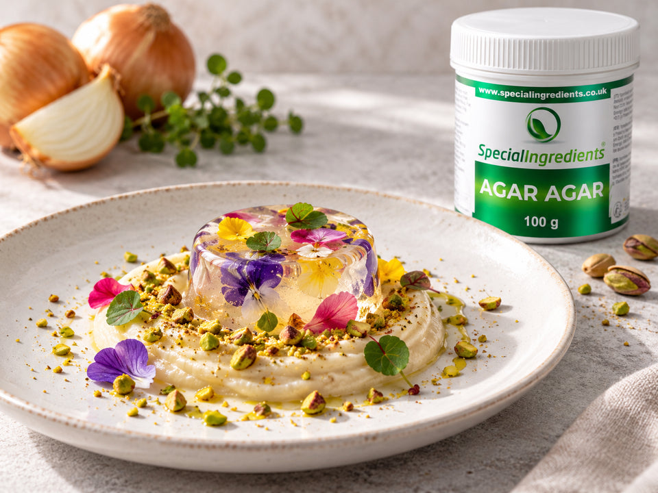 🇮🇹 Bottone Di Agar Agar e Fiori Con Crema Di Cipolle e Granella Di Pistacchio Tostato — preparazione con confezione attuale Special Ingredients