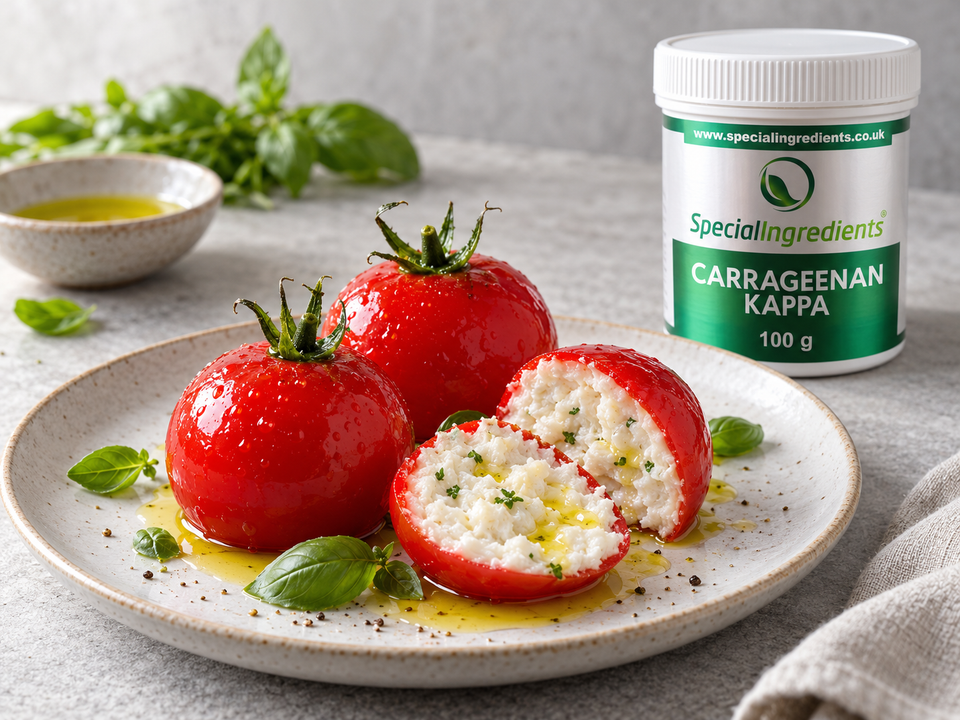 🇮🇹 Salt cod mousse shaped as a tomato and coated with kappa carrageenan — preparation with current Special Ingredients packaging