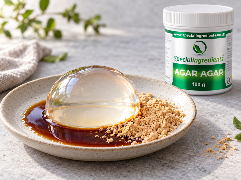Raindrop cake con agar agar in polvere Special Ingredients — preparazione con confezione attuale Special Ingredients